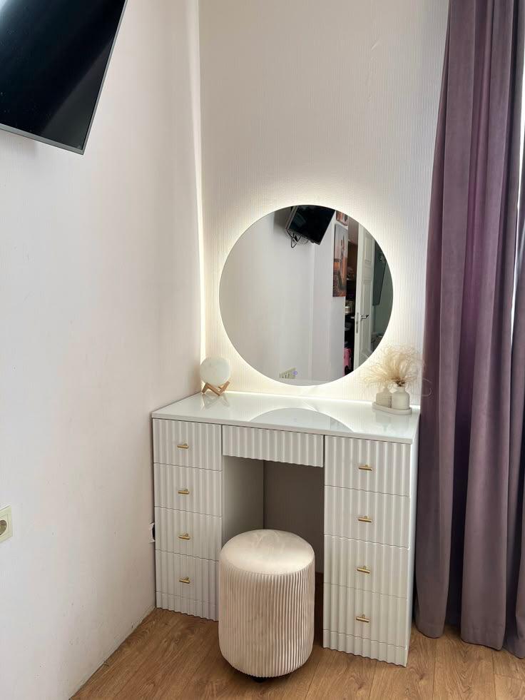 Modern LED Vanity Table Mirror with Lights – Round Wall Mirror with Touch Control, Makeup Dressing Table Mirror for Bedroom
