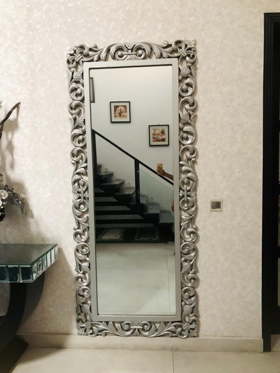 Silver Baroque Full-Length Floor Mirror – Ornate Carved Frame