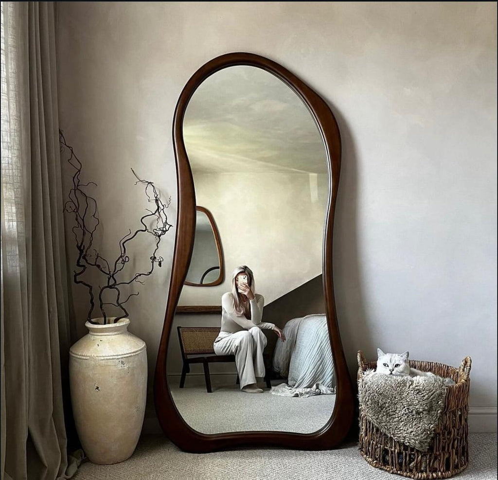 Asymmetric Walnut Wood Leaner Floor Mirror – Organic Curved Frame
