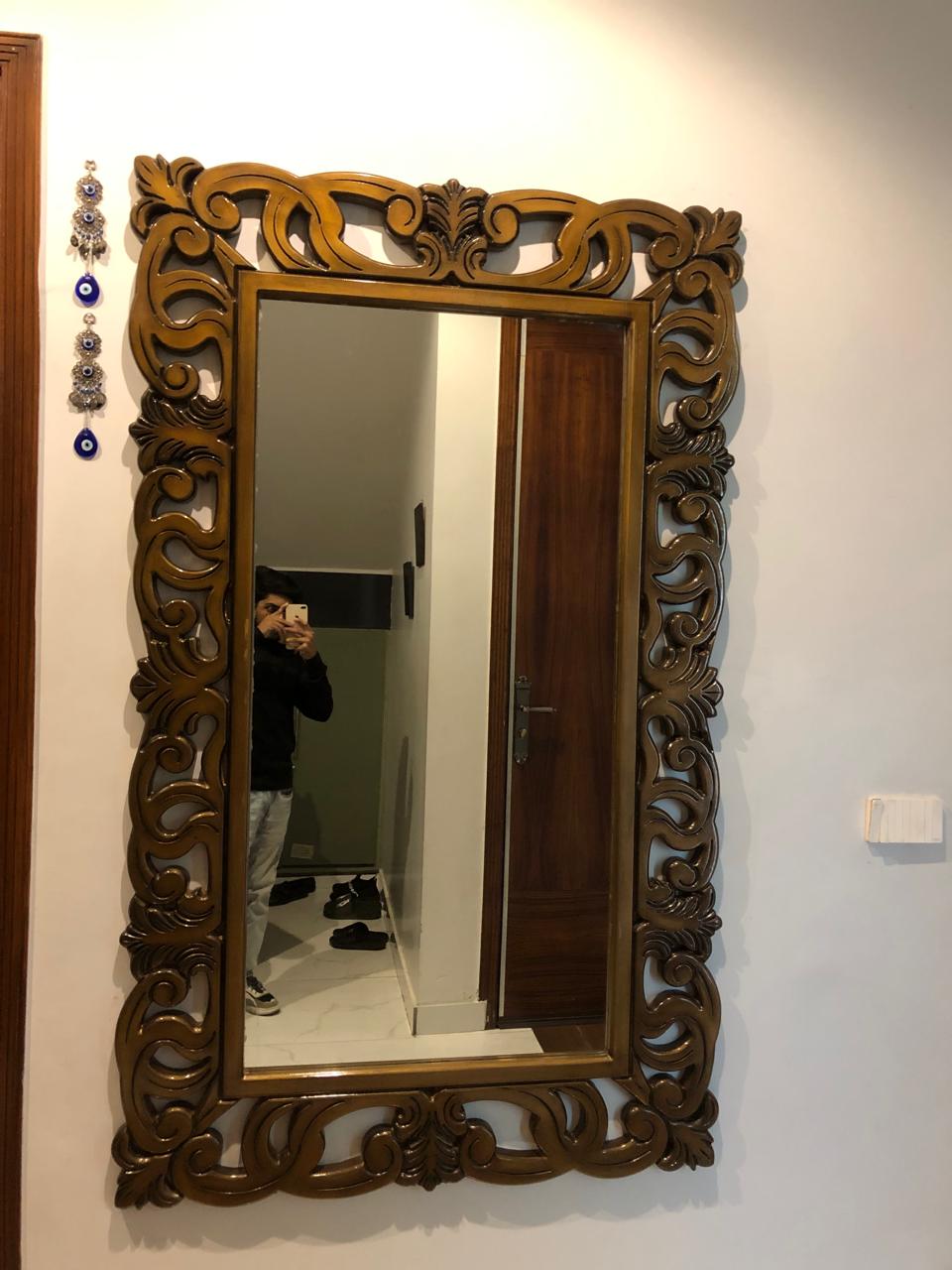Walnut Carved Wood Full-Length Wall Mirror – Handcrafted Baroque Frame
